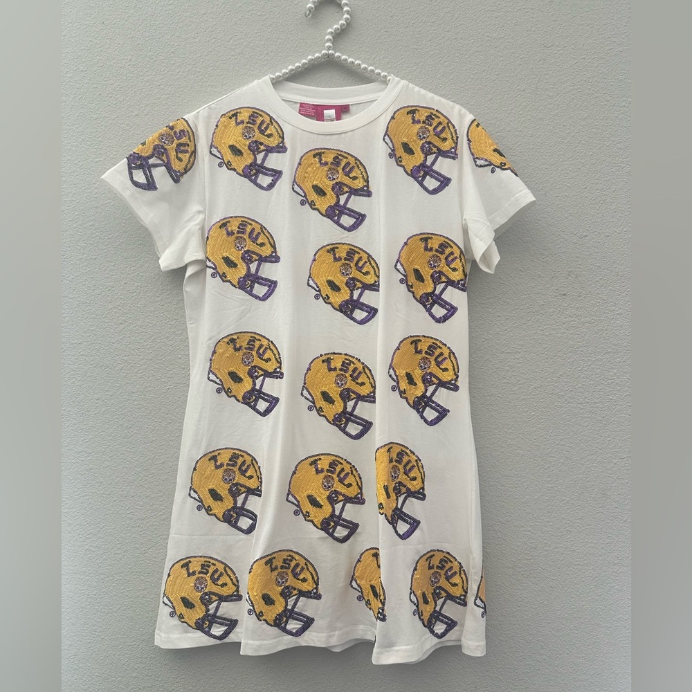 BRAND NEW • QUEEN OF SPARKLES • QOS • LSU FOOTBALL HELMETS DRESS • SIZE XS